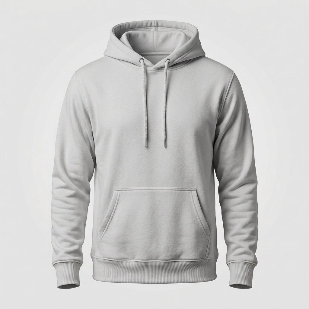 Generated mockup of a light gray pullover hoodie