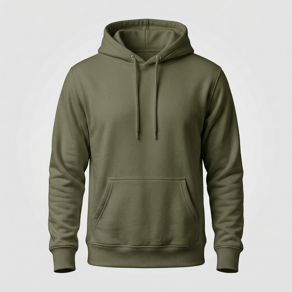 Generated mockup of a dark military olive green pullover hoodie