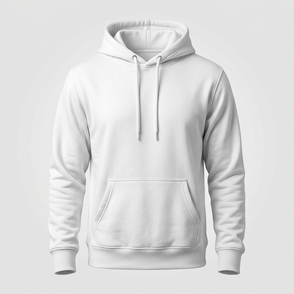 Generated product mockup of a white pullover hoodie